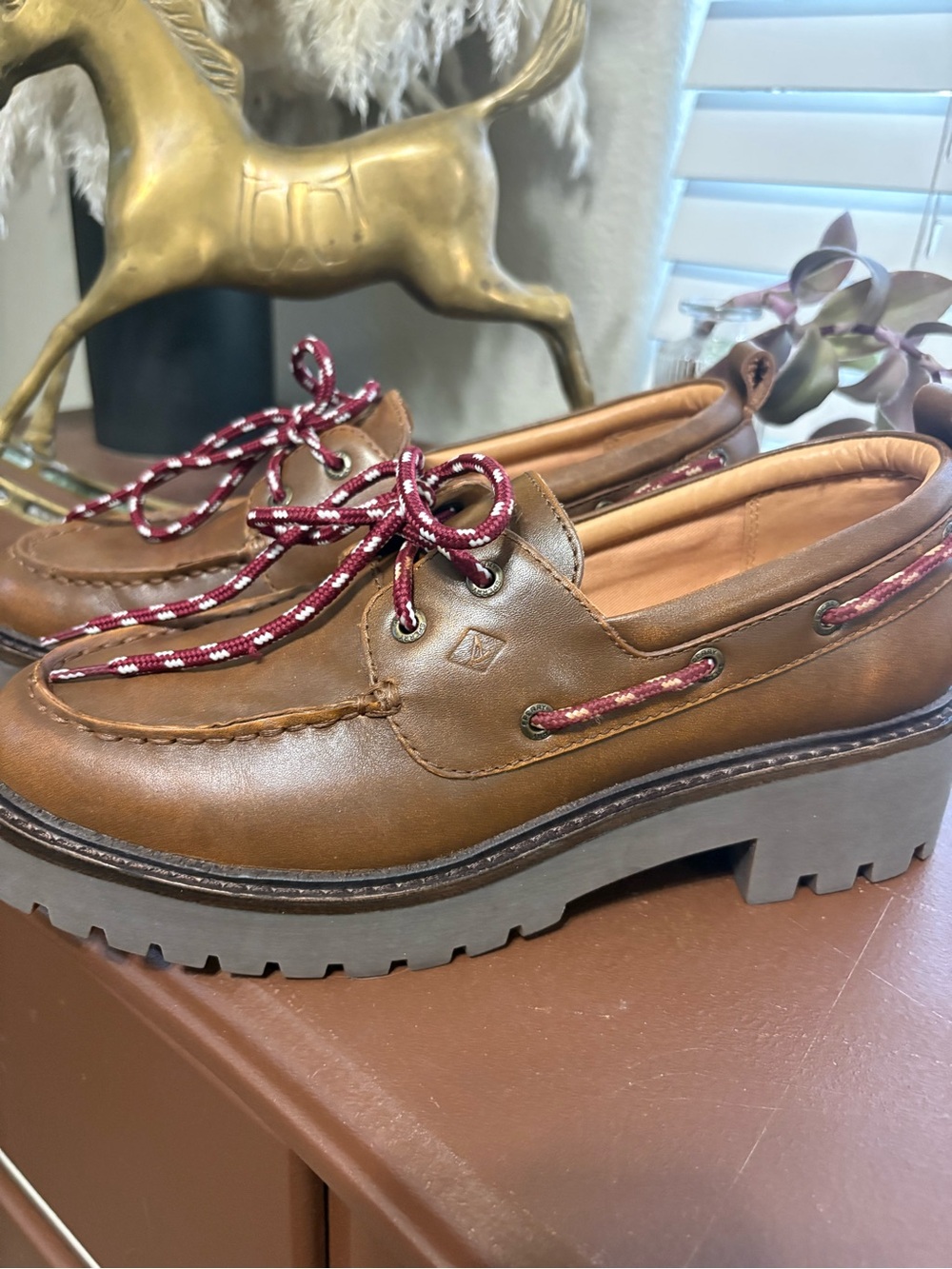 Sperry Brown Leather Lug-Soled Boat Shoes with Burgundy Laces
